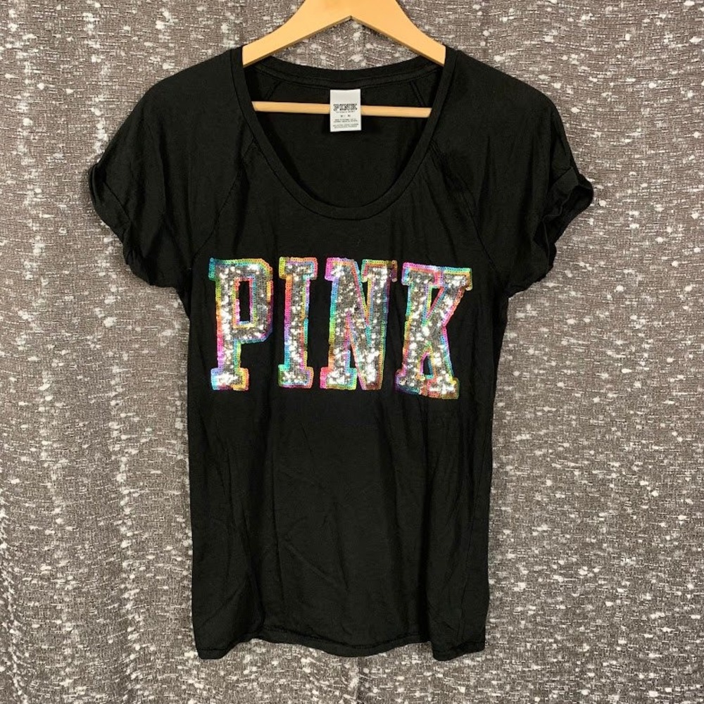 PINK Victoria's Secret Rainbow Sequin Logo T-Shirt Black Short Sleeve Medium